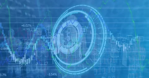 Animation of scope, financial data processing over 3d cityscape drawing Stock Footage 330399433