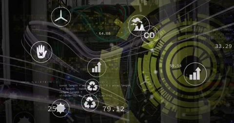 Animation of scope, icons and data processing over computer servers Vídeos de archivo 327450645