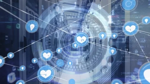 Animation of scope, network of connections with icons over computer servers Stock Footage 327782053