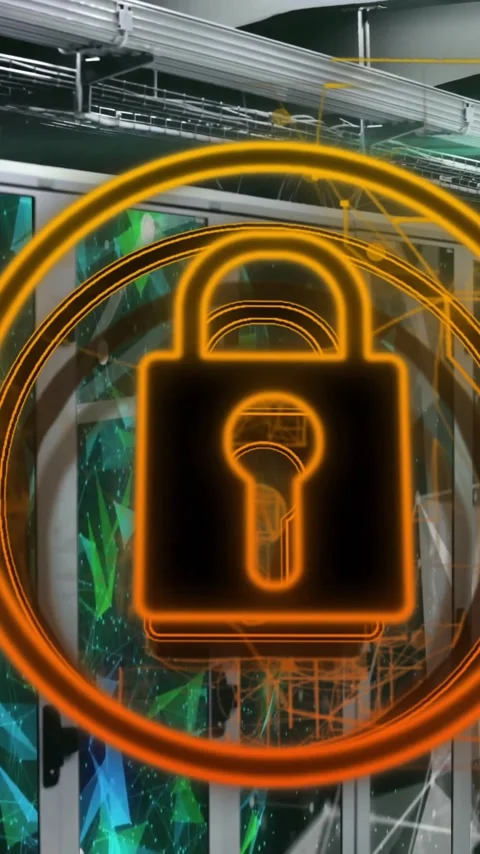 Animation of scope with padlock and data processing over computer servers Stock Footage 343082920