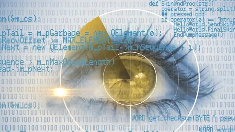 Animation of scope scanning and binary coding over woman's eye in background Video stock 152175747