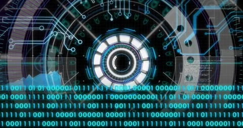 Animation of scope scanning and binary coding data processing over computer Stock Footage 328634030