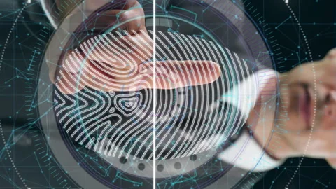 Animation of scope scanning and biometric fingerprint with businessman touching Stock-Footage 312436456