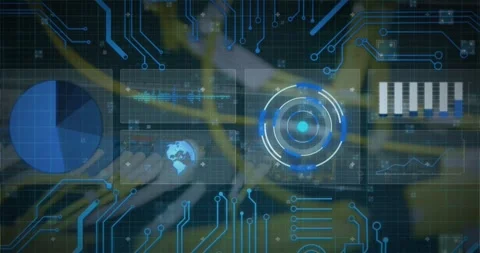 Animation of scope scanning and circuit board over cables in computer server Stock Footage 327196974