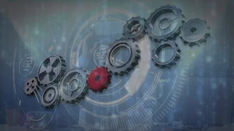 Animation of scope scanning and cogs moving over man wearing vr headset Stock Footage 157193047