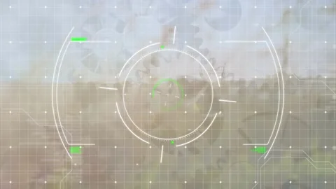 Animation of scope scanning and cogs over landscape Stock-Footage 330732358