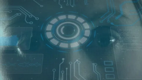 Animation of scope scanning and computer processor over man's face in background Stock Footage 152175698