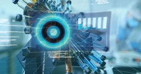 Animation of scope scanning and data processing over scientific laboratory Video stock 151296385