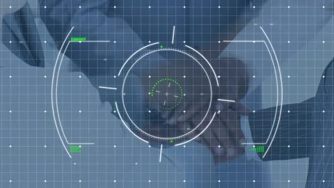 Animation of scope scanning and data processing over businessmen stacking hands Stock Footage 157681466