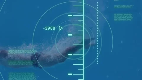Animation of scope scanning and data processing over caucasian man diving Stock Footage 232736996
