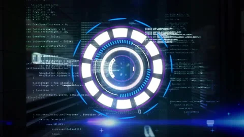 Animation of scope scanning and data processing over cityscape Stock Footage 258729970