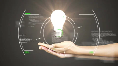 Animation of scope scanning and data processing over hand with lightbulb Stock Footage 265559014
