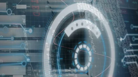 Animation of scope scanning and data processing over tech room with computer Stock Footage 312486335
