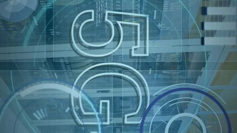 Animation of scope scanning and data processing over tech room with computer Stock Footage 313337609