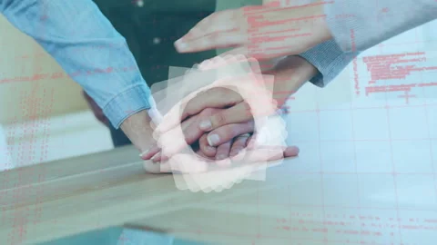 Animation of scope scanning and data processing over people stacking hands Stock Footage 313710638