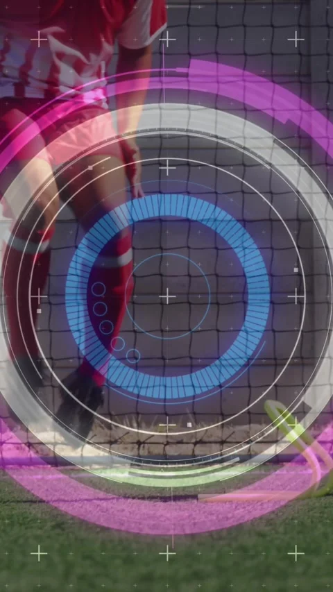 Animation of scope scanning and data processing over football players exercising Stock Footage 319066840
