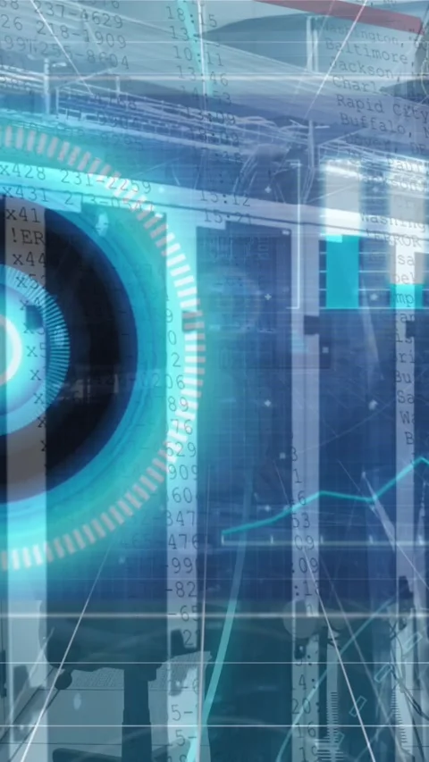 Animation of scope scanning and data processing over tech room with computer Stock Footage 319458362