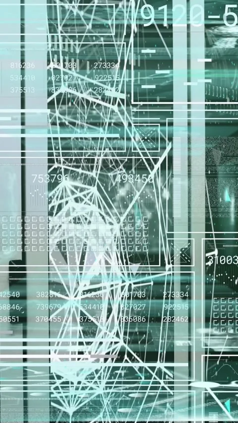 Animation of scope scanning and data processing over tech room with computer Stock Footage 322559572