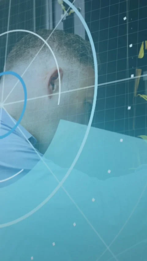 Animation of scope scanning and data processing over caucasian it man fixing Stock Footage 323151928