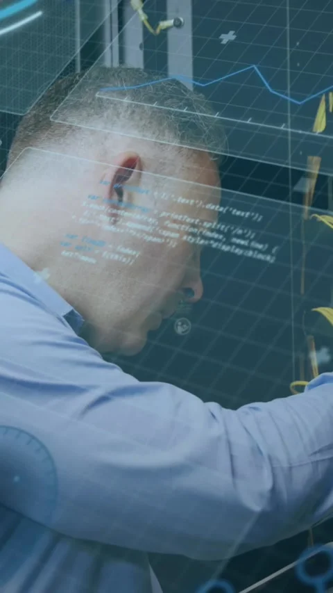Animation of scope scanning and data processing over caucasian it man fixing Stock Footage 323151931