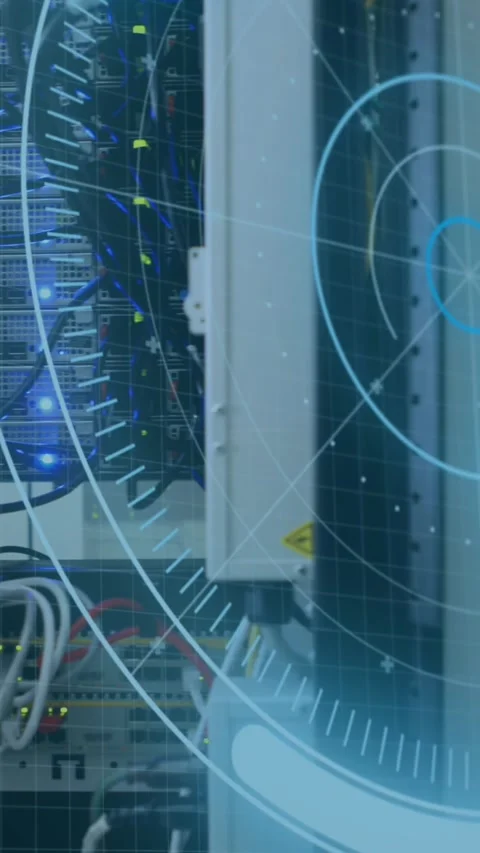 Animation of scope scanning and data processing over tech room with computer Stock Footage 323152034