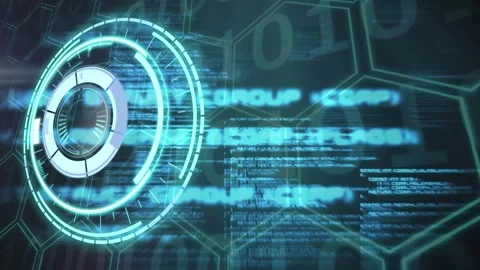 Animation of scope scanning and data processing and binary coding on screen Stock Footage 326102514