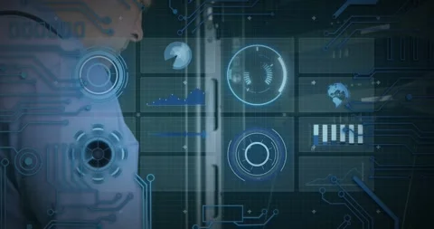 Animation of scope scanning and data processing over caucasian it man fixing Stock Footage 326425949