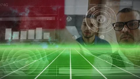 Animation of scope scanning and data processing over diverse engineer Stock Footage 326751928