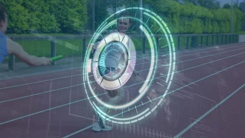 Animation of scope scanning and data processing over diverse people running at Stock Footage 326759904