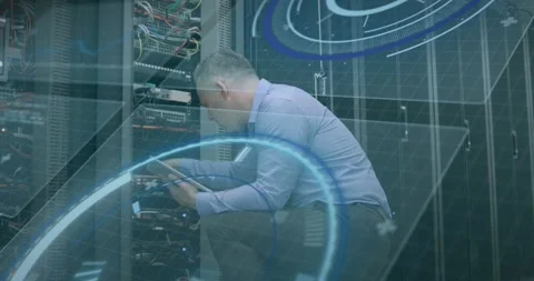 Animation of scope scanning and data processing over caucasian it man fixing Stock Footage 327196989