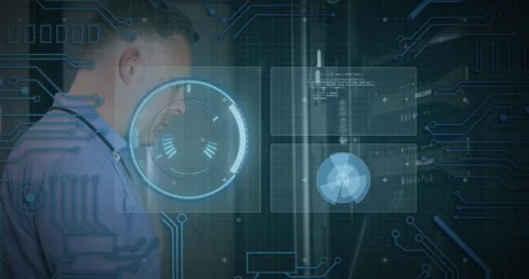 Animation of scope scanning and data processing over caucasian it man fixing Stock Footage 327273125