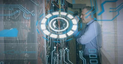 Animation of scope scanning and data processing over caucasian it man fixing Stock Footage 327278919