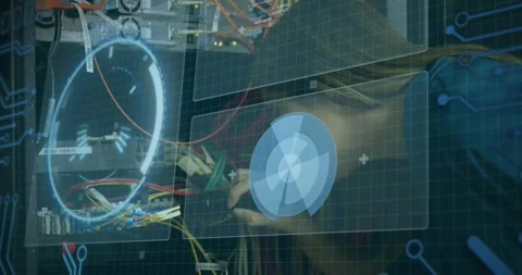 Animation of scope scanning and data processing over caucasian it woman computer Stock Footage 327444138