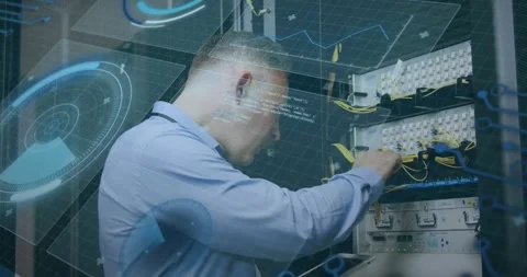 Animation of scope scanning and data processing over caucasian it man fixing Stock Footage 327641207