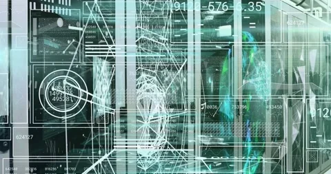 Animation of scope scanning and data processing over tech room with computer Stock Footage 327712618