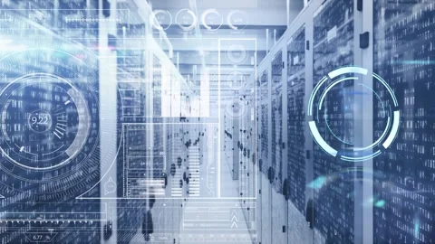 Animation of scope scanning and data processing over tech room with computer Stock Footage 327901567