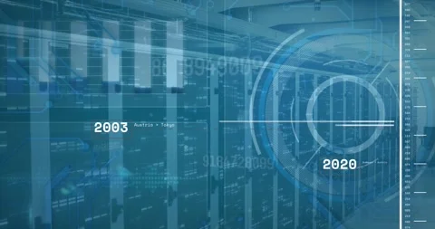 Animation of scope scanning and data processing over tech room with computer Stock Footage 327901669