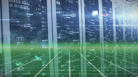 Animation of scope scanning and data processing over tech room with computer Stock Footage 328009936