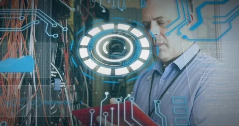 Animation of scope scanning and data processing over caucasian it man computer Stock Footage 328149162