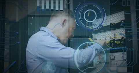 Animation of scope scanning and data processing over caucasian it man fixing Stock Footage 328356937