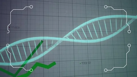 Animation of scope scanning and data processing over abstract colorful shapes on Stock Footage 328407498