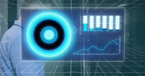 Animation of scope scanning and data processing over caucasian it man fixing Stock Footage 328412479