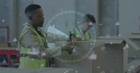 Animation of scope scanning and data processing over diverse people working in Stock Footage 329016547