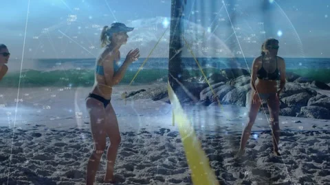 Animation of scope scanning and data processing over women exercising in beach 動画素材 329026745