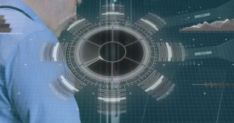 Animation of scope scanning and data processing over caucasian it man fixing Stock Footage 329361517