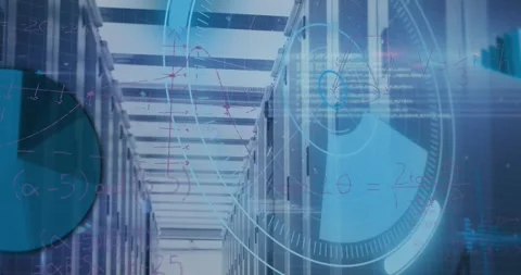 Animation of scope scanning and data processing over tech room with computer Stock Footage 329362100