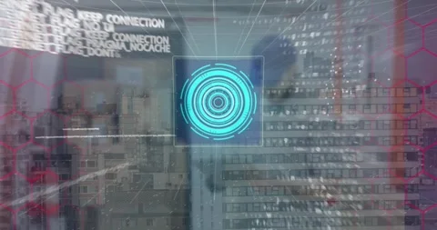 Animation of scope scanning and data processing over tech room with computer Stock Footage 329413198