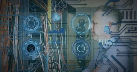 Animation of scope scanning and data processing over caucasian it man fixing Stock Footage 329419538