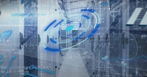 Animation of scope scanning and data processing over tech room with computer Stock Footage 329420553