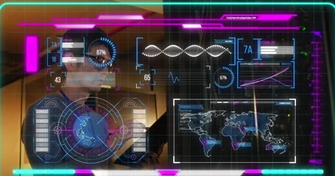 Animation of scope scanning and data processing over computer servers Stock Footage 329564104